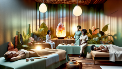 alt_text: A serene spa scene with urban professionals enjoying Tibetan-inspired treatments in a calming setting.
