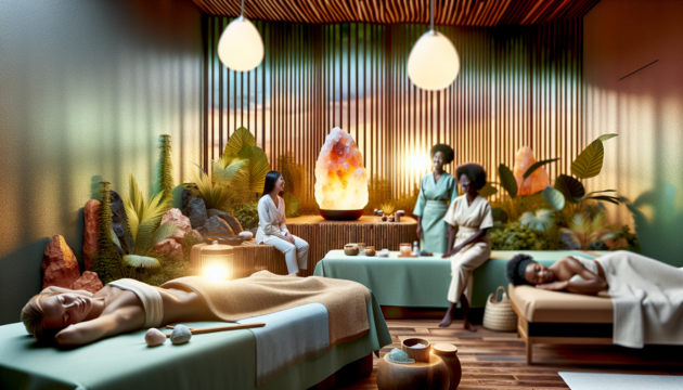 alt_text: A serene spa scene with urban professionals enjoying Tibetan-inspired treatments in a calming setting.