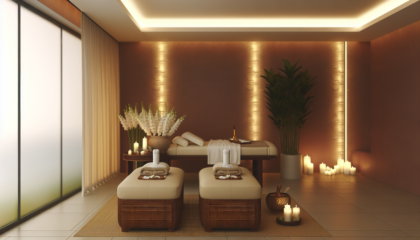alt_text: A serene spa room with soft linens and plants, embodying relaxation and rejuvenation at Alaya Spa.