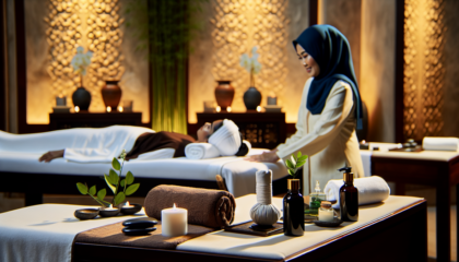 alt_text: A serene spa scene with a diverse wellness expert guiding a client, showcasing relaxation and tranquility.