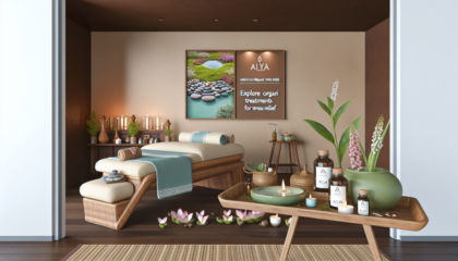 alt_text: Serene spa scene with natural light, wood, stone, and soothing colors, promoting wellness and relaxation.
