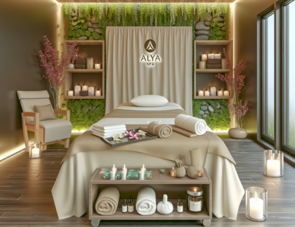 alt_text: Serene spa setting with tranquil treatment room, ambient lighting, and lush greenery for relaxation.